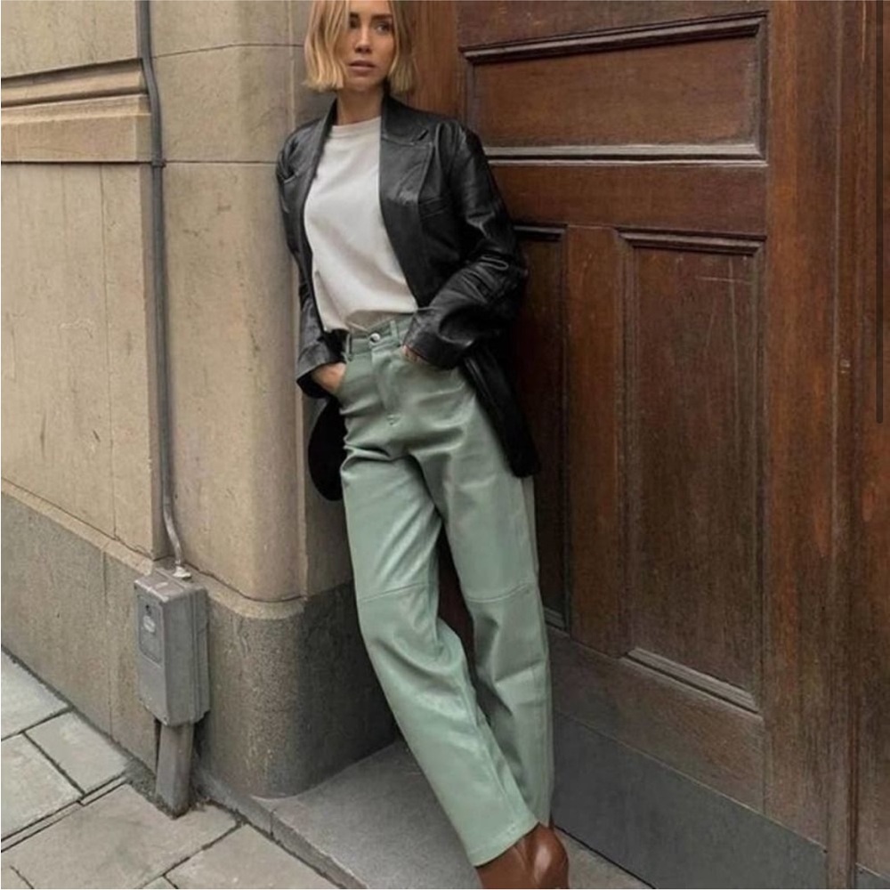 Mango Faux Leather Barrel Pants Green Size 2